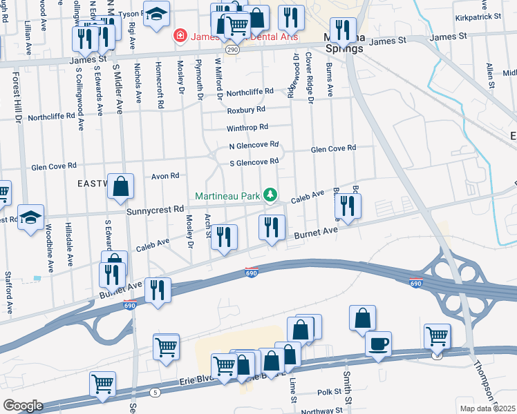 map of restaurants, bars, coffee shops, grocery stores, and more near 1430 Sunnycrest Road in Syracuse