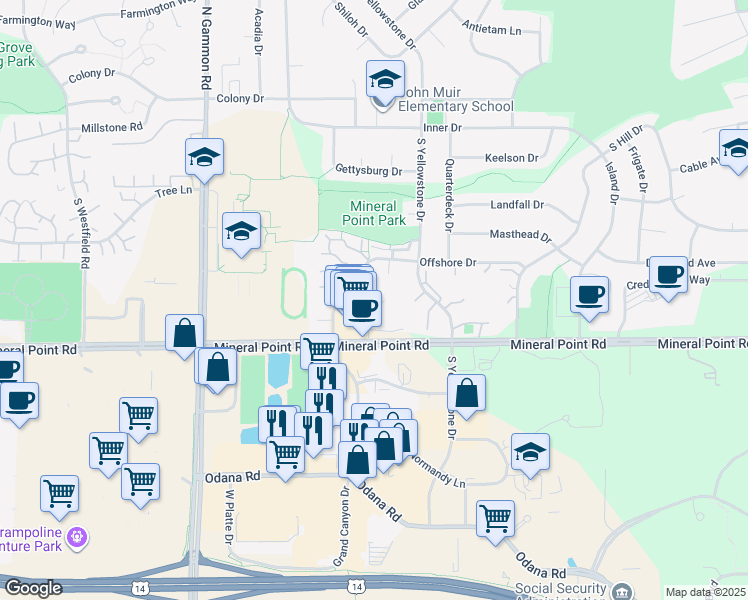 map of restaurants, bars, coffee shops, grocery stores, and more near 10 Coronado Court in Madison