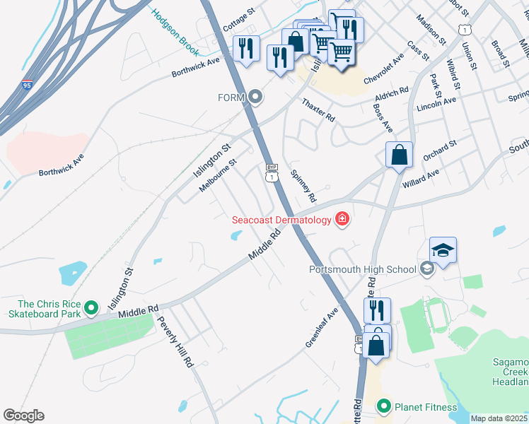 map of restaurants, bars, coffee shops, grocery stores, and more near 87 Sheffield Road in Portsmouth