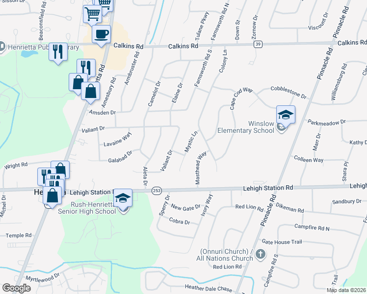 map of restaurants, bars, coffee shops, grocery stores, and more near 207 Mystic Lane in Rochester
