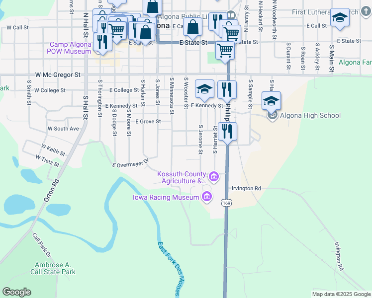 map of restaurants, bars, coffee shops, grocery stores, and more near 600 East Chubb Street in Algona