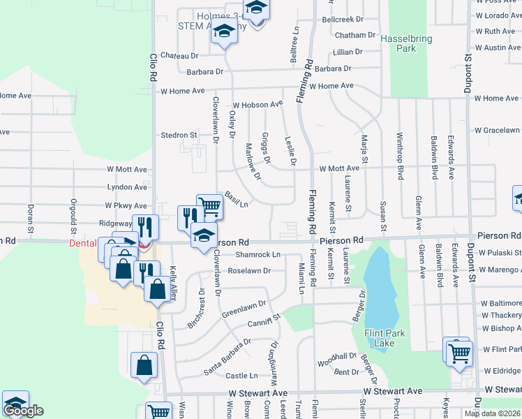 map of restaurants, bars, coffee shops, grocery stores, and more near 1811 Oxley Drive in Flint