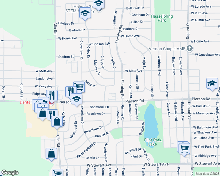 map of restaurants, bars, coffee shops, grocery stores, and more near 1711 Oxley Drive in Flint