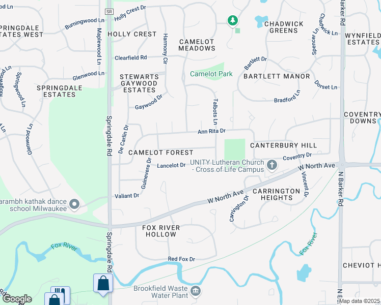 map of restaurants, bars, coffee shops, grocery stores, and more near 21435 Astolat Drive in Brookfield