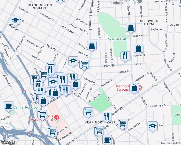 map of restaurants, bars, coffee shops, grocery stores, and more near 114 Schneider Street in Syracuse