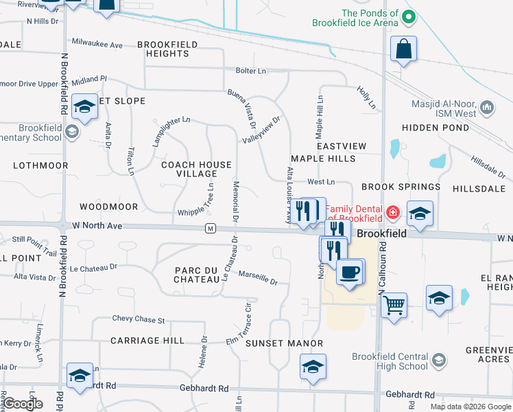 map of restaurants, bars, coffee shops, grocery stores, and more near 17825 Mierow Court in Brookfield