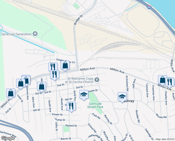 map of restaurants, bars, coffee shops, grocery stores, and more near 2045 Milton Avenue in Syracuse