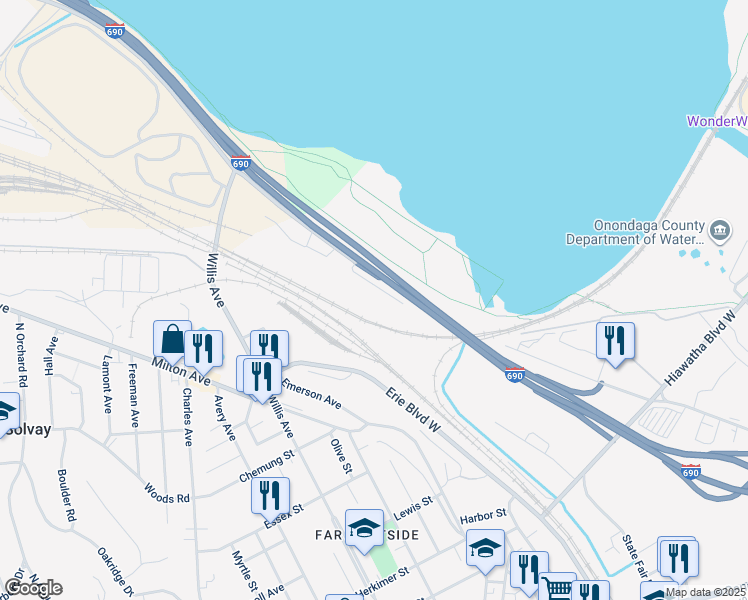 map of restaurants, bars, coffee shops, grocery stores, and more near 533 State Fair Boulevard in Syracuse