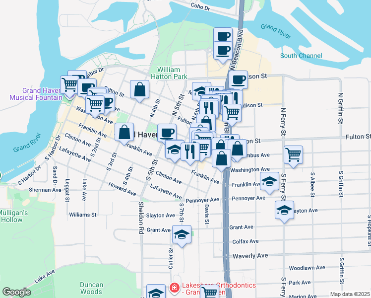 map of restaurants, bars, coffee shops, grocery stores, and more near 603 Washington Avenue in Grand Haven