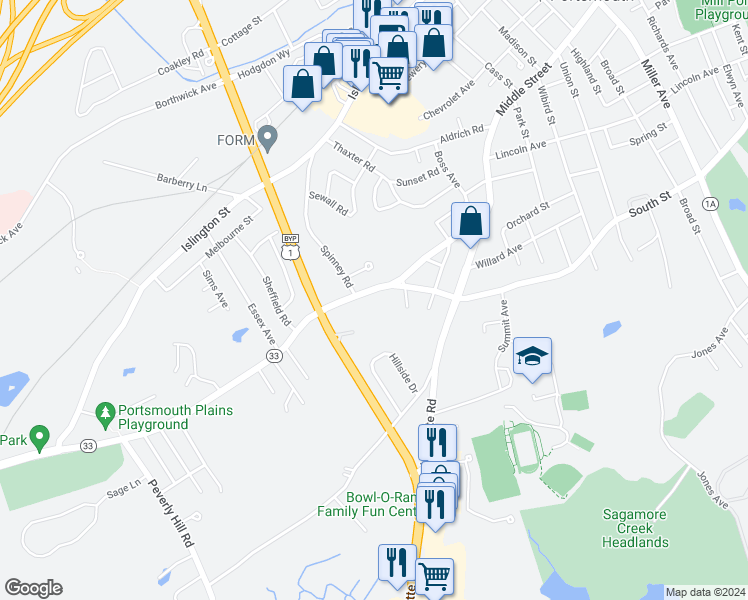 map of restaurants, bars, coffee shops, grocery stores, and more near 292 Middle Road in Portsmouth
