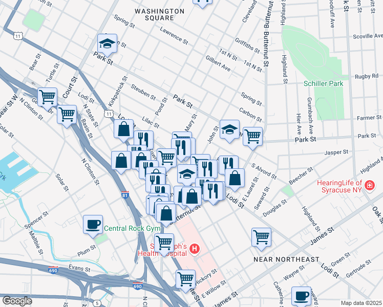 map of restaurants, bars, coffee shops, grocery stores, and more near 113 John Street in Syracuse