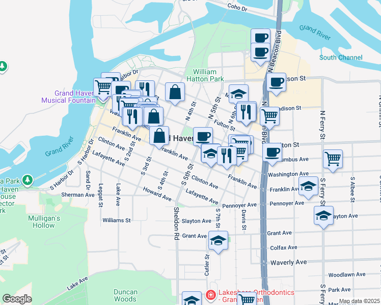 map of restaurants, bars, coffee shops, grocery stores, and more near 414 Washington Avenue in Grand Haven