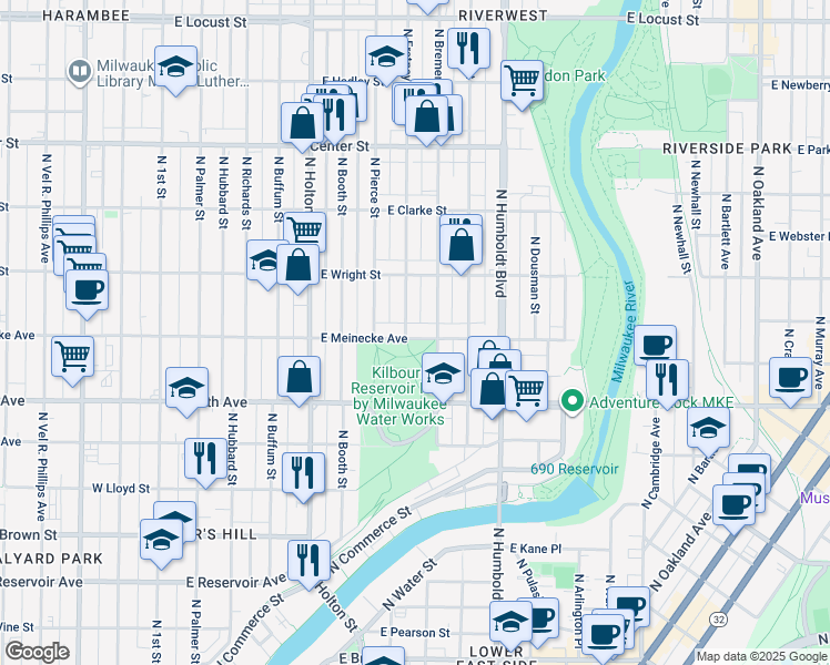 map of restaurants, bars, coffee shops, grocery stores, and more near 808 East Meinecke Avenue in Milwaukee