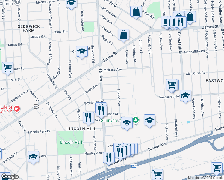 map of restaurants, bars, coffee shops, grocery stores, and more near 116 Mariposa Street in Syracuse