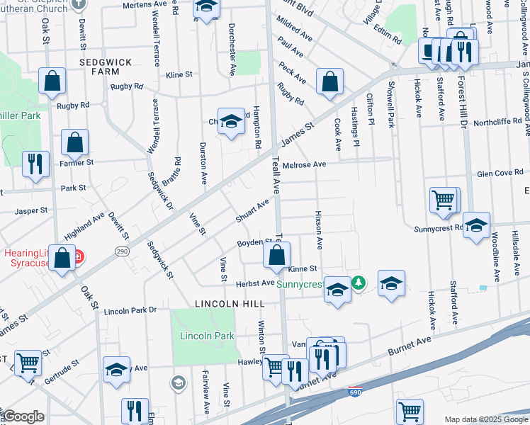 map of restaurants, bars, coffee shops, grocery stores, and more near 414 Shuart Avenue in Syracuse