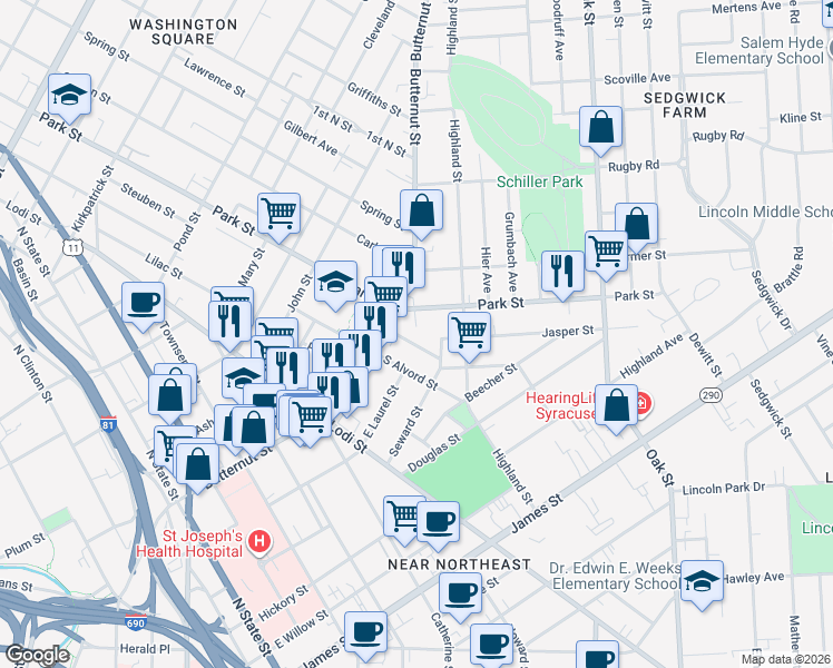 map of restaurants, bars, coffee shops, grocery stores, and more near 114 Schneider Street in Syracuse