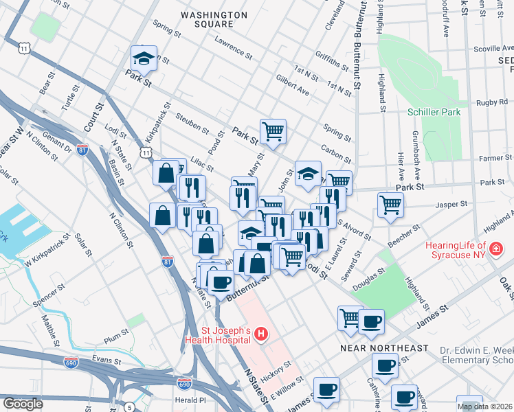 map of restaurants, bars, coffee shops, grocery stores, and more near 113 John Street in Syracuse