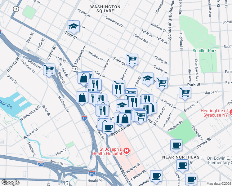 map of restaurants, bars, coffee shops, grocery stores, and more near in Syracuse