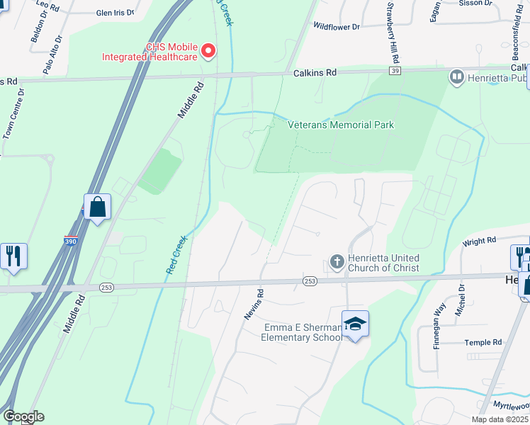map of restaurants, bars, coffee shops, grocery stores, and more near 1260 Lehigh Station Road in Henrietta