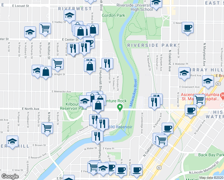 map of restaurants, bars, coffee shops, grocery stores, and more near 1125 East Meinecke Avenue in Milwaukee