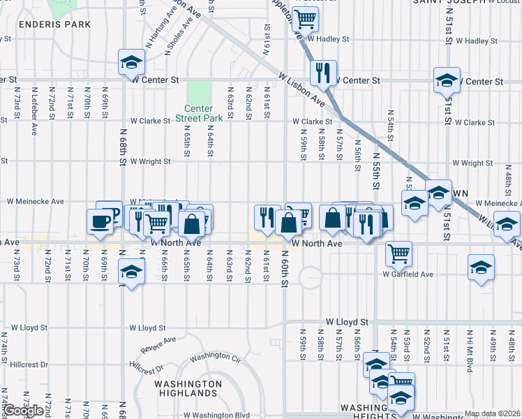 map of restaurants, bars, coffee shops, grocery stores, and more near 2356 North 61st Street in Wauwatosa