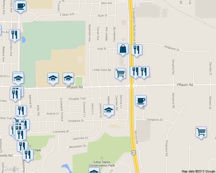 map of restaurants, bars, coffee shops, grocery stores, and more near 5301 Maher Avenue in Madison