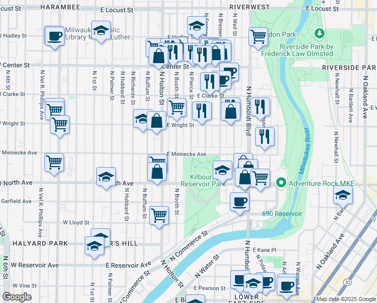 map of restaurants, bars, coffee shops, grocery stores, and more near 632 East Meinecke Avenue in Milwaukee