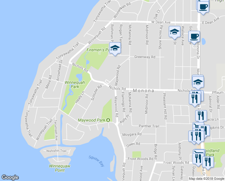 map of restaurants, bars, coffee shops, grocery stores, and more near 5301 Maywood Road in Monona