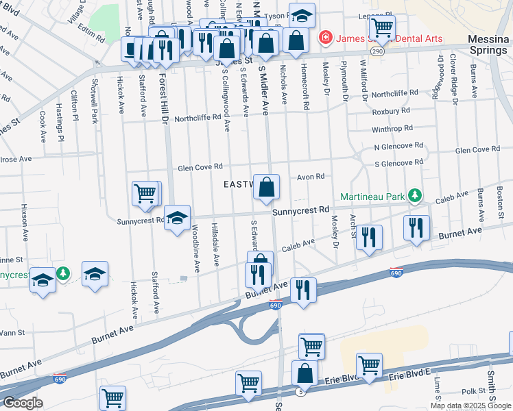 map of restaurants, bars, coffee shops, grocery stores, and more near 365 South Edwards Avenue in Syracuse