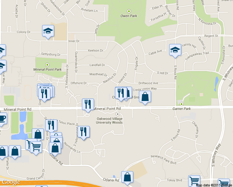 map of restaurants, bars, coffee shops, grocery stores, and more near 338 Island Drive in Madison