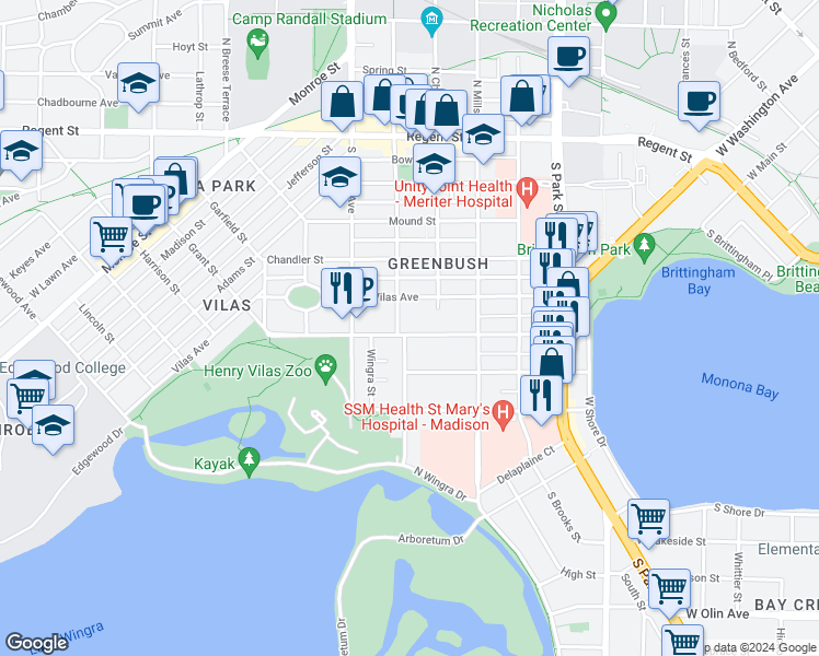 map of restaurants, bars, coffee shops, grocery stores, and more near 1224 Drake Street in Madison