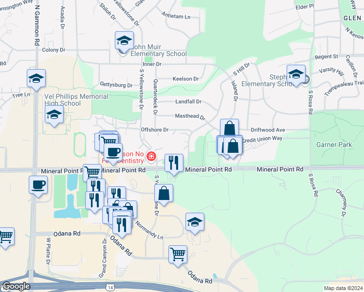 map of restaurants, bars, coffee shops, grocery stores, and more near 302 Nautilus Drive in Madison