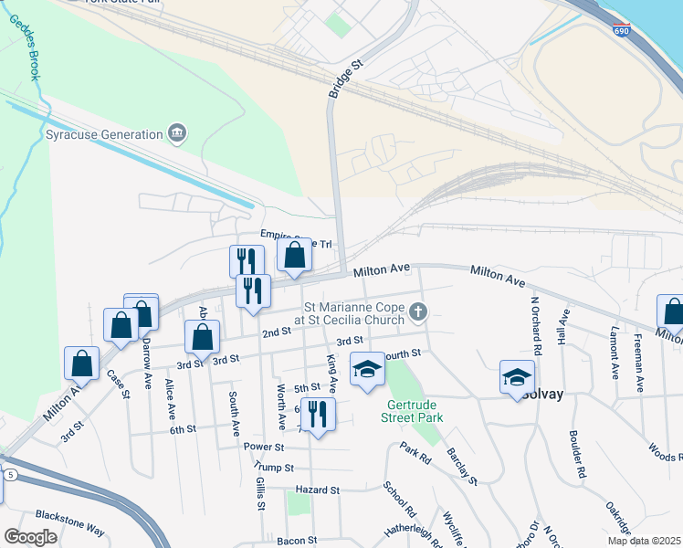 map of restaurants, bars, coffee shops, grocery stores, and more near 2123 Milton Avenue in Syracuse