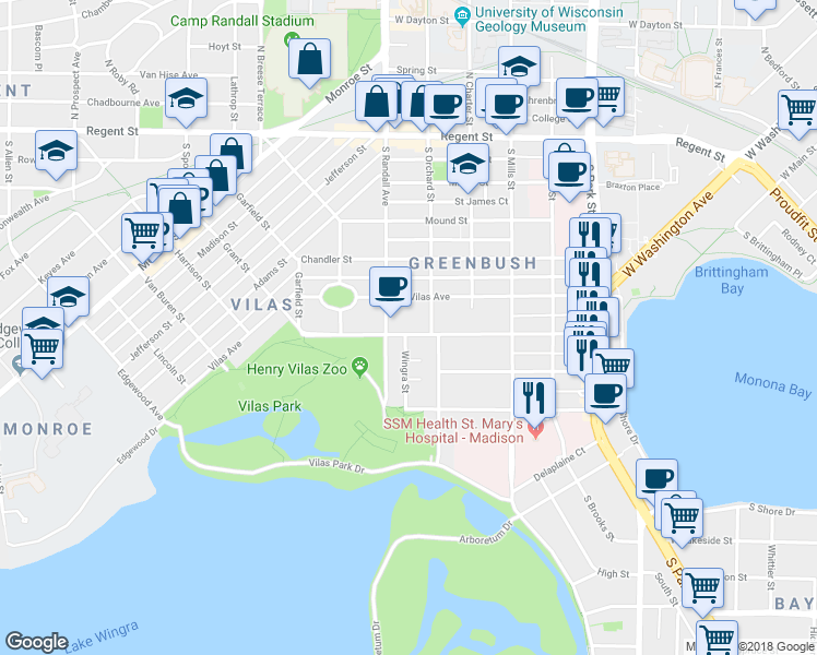 map of restaurants, bars, coffee shops, grocery stores, and more near 1320 Drake Street in Madison