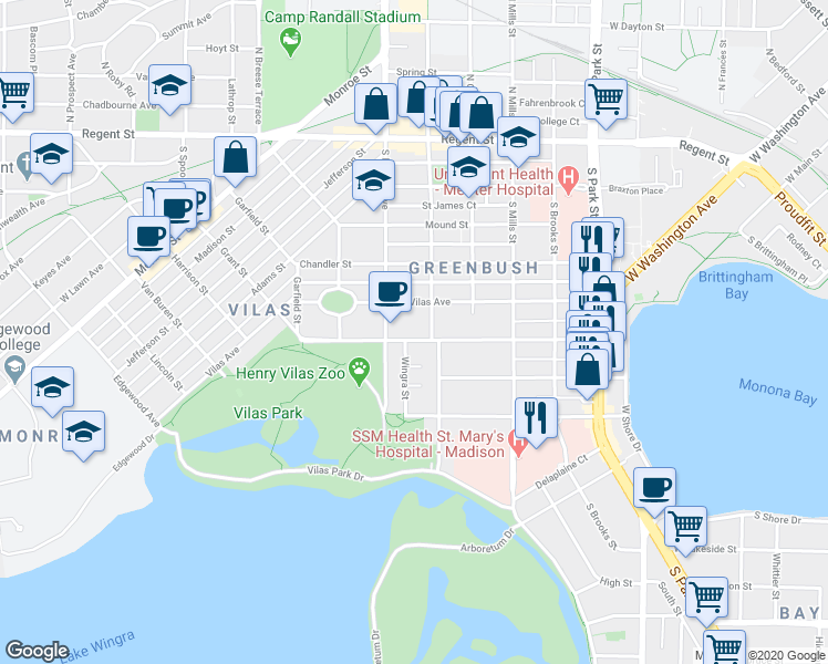 map of restaurants, bars, coffee shops, grocery stores, and more near 1316 Drake Street in Madison