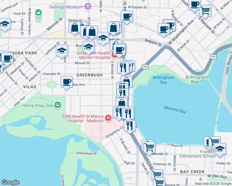 map of restaurants, bars, coffee shops, grocery stores, and more near 932 Drake Street in Madison