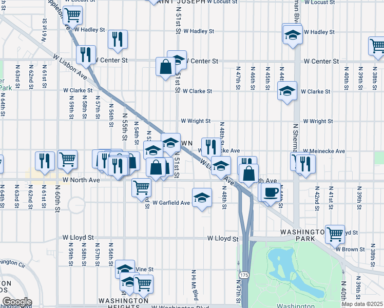 map of restaurants, bars, coffee shops, grocery stores, and more near W Lisbon Ave & N 50th St in Milwaukee