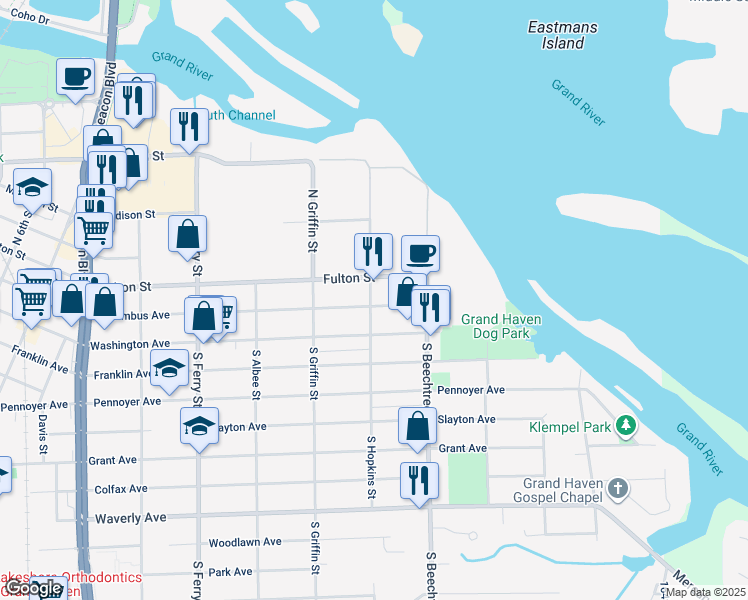 map of restaurants, bars, coffee shops, grocery stores, and more near 1403 Columbus Avenue in Grand Haven