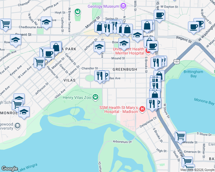 map of restaurants, bars, coffee shops, grocery stores, and more near 1309 Drake Street in Madison