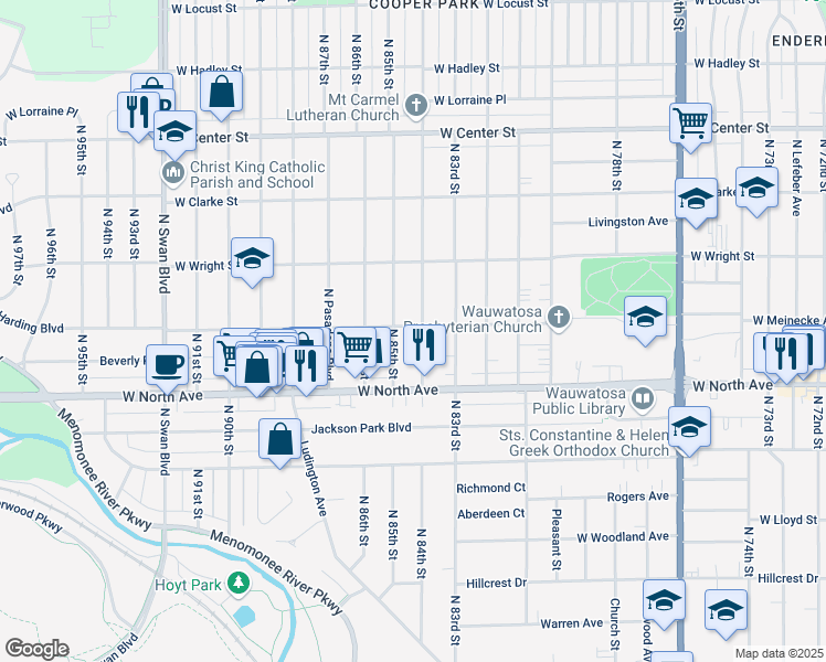 map of restaurants, bars, coffee shops, grocery stores, and more near 2366 North 85th Street in Wauwatosa