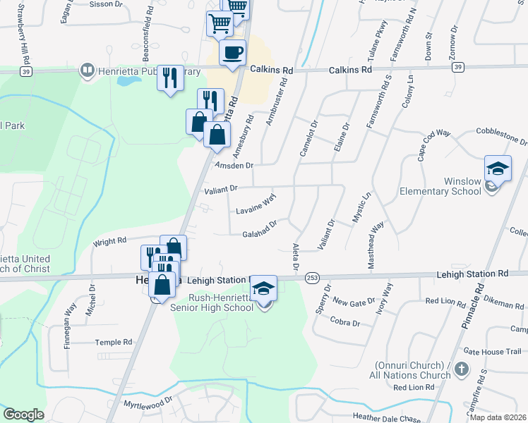 map of restaurants, bars, coffee shops, grocery stores, and more near 52 Lavaine Way in Rochester
