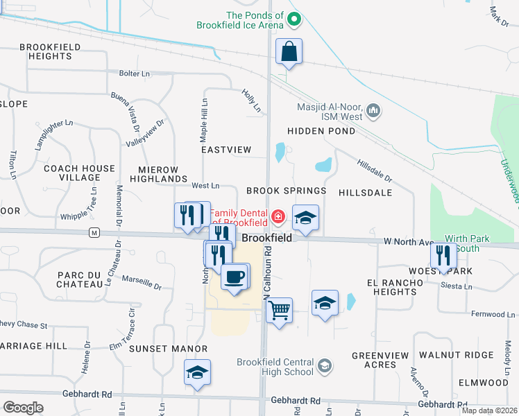 map of restaurants, bars, coffee shops, grocery stores, and more near 2365 North Calhoun Road in Brookfield