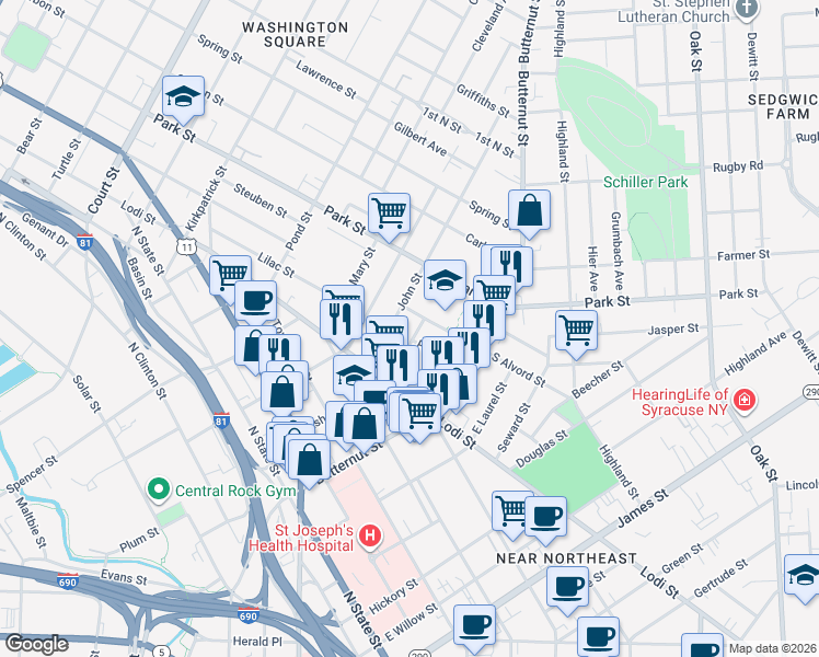 map of restaurants, bars, coffee shops, grocery stores, and more near 136 Peters Street in Syracuse