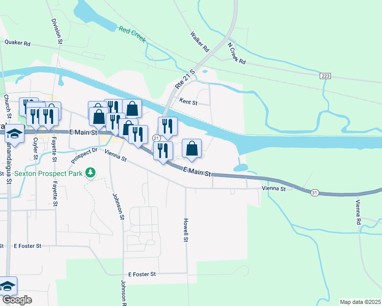 map of restaurants, bars, coffee shops, grocery stores, and more near 613 East Main Street in Palmyra