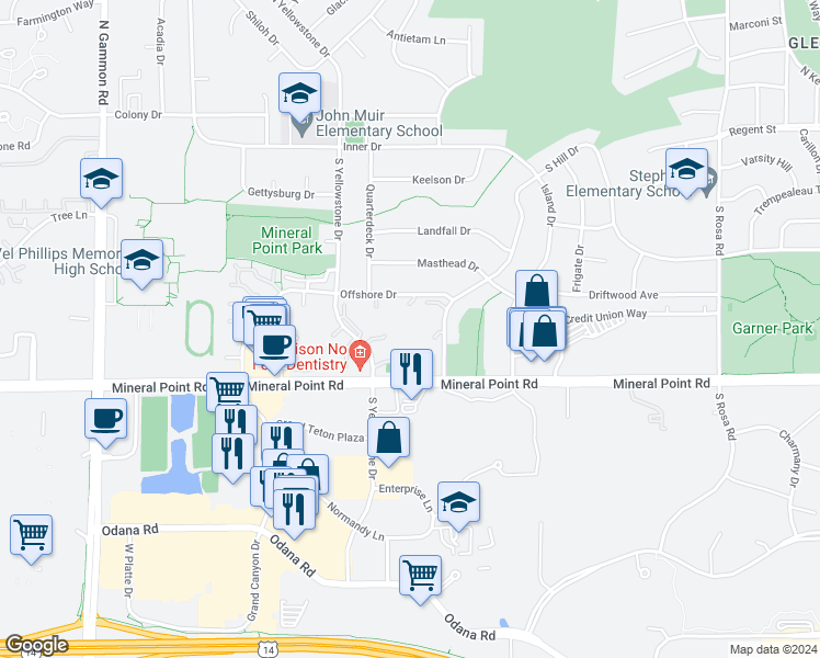 map of restaurants, bars, coffee shops, grocery stores, and more near 6401 Offshore Drive in Madison