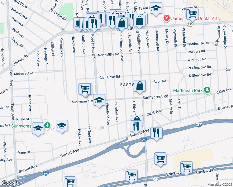 map of restaurants, bars, coffee shops, grocery stores, and more near 368 Hillsdale Avenue in Syracuse