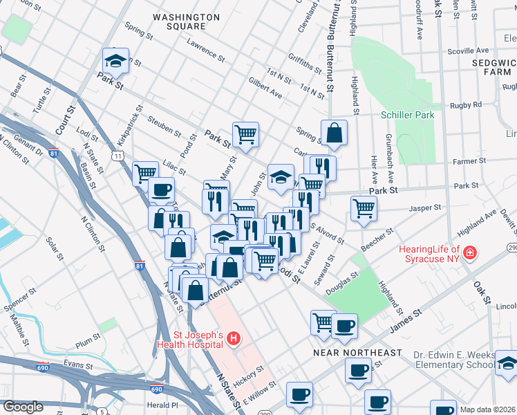 map of restaurants, bars, coffee shops, grocery stores, and more near 136 Peters Street in Syracuse