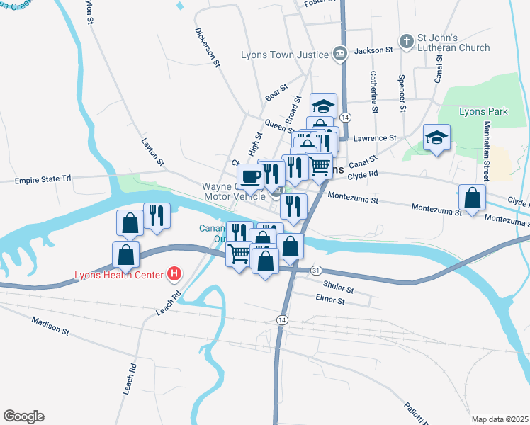 map of restaurants, bars, coffee shops, grocery stores, and more near 27 Water Street in Lyons