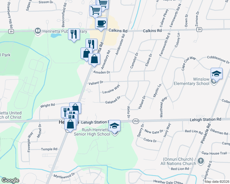 map of restaurants, bars, coffee shops, grocery stores, and more near 52 Lavaine Way in Rochester
