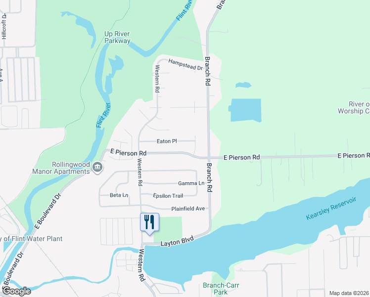 map of restaurants, bars, coffee shops, grocery stores, and more near 2834 East Pierson Road in Flint